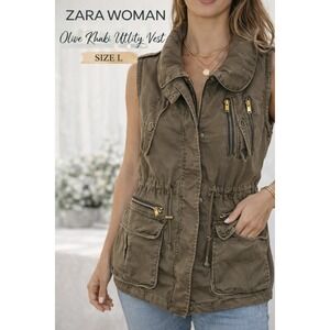 ZARA Woman Olive Utility Cargo Vest L Sleeveless Anorak Jacket Zip Pockets waist